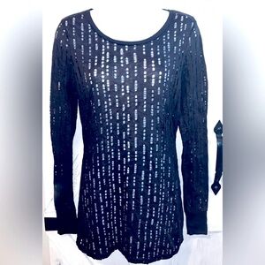 BKE Black Long Sleeve Sequin-Stripe Top